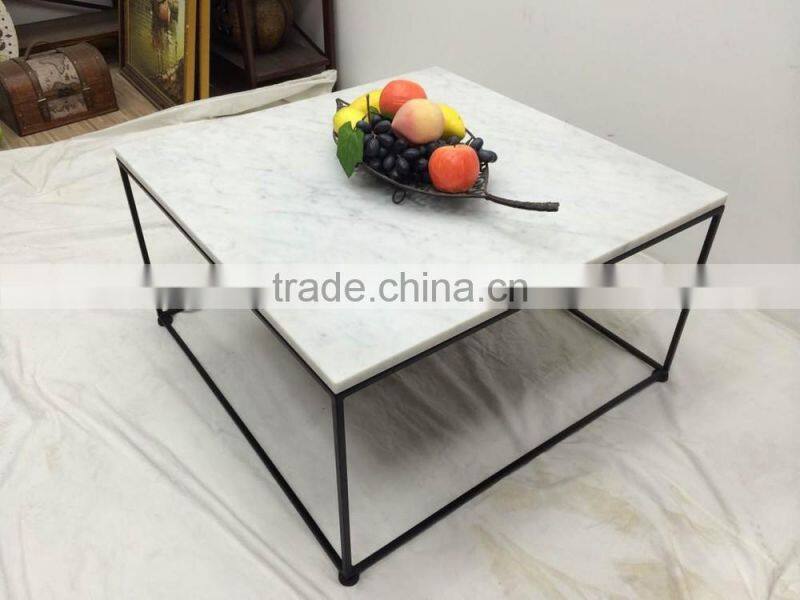 Cheap modern carrara white marble top black steel coffee table