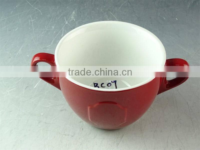 Colored ceramic mug cup/soup cup two handles 550 ml with spoon / Christmas cup embossed