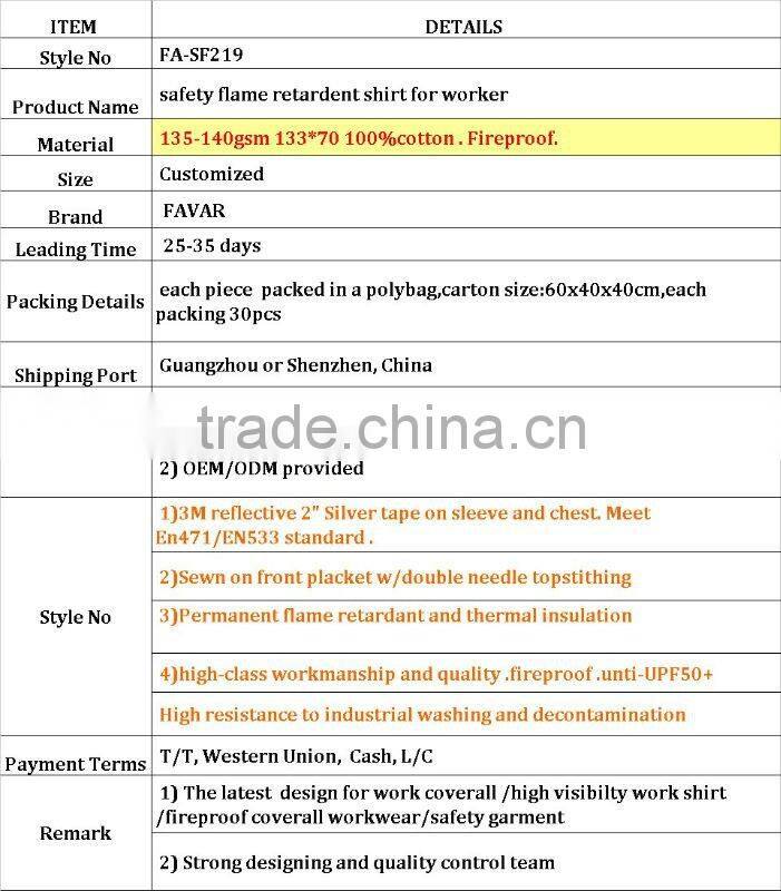 100%cotton reflective safety flame retardant shirt for worker