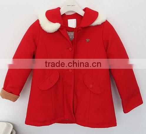 2016 baby girls red worsted faux fur collar over coat for winter