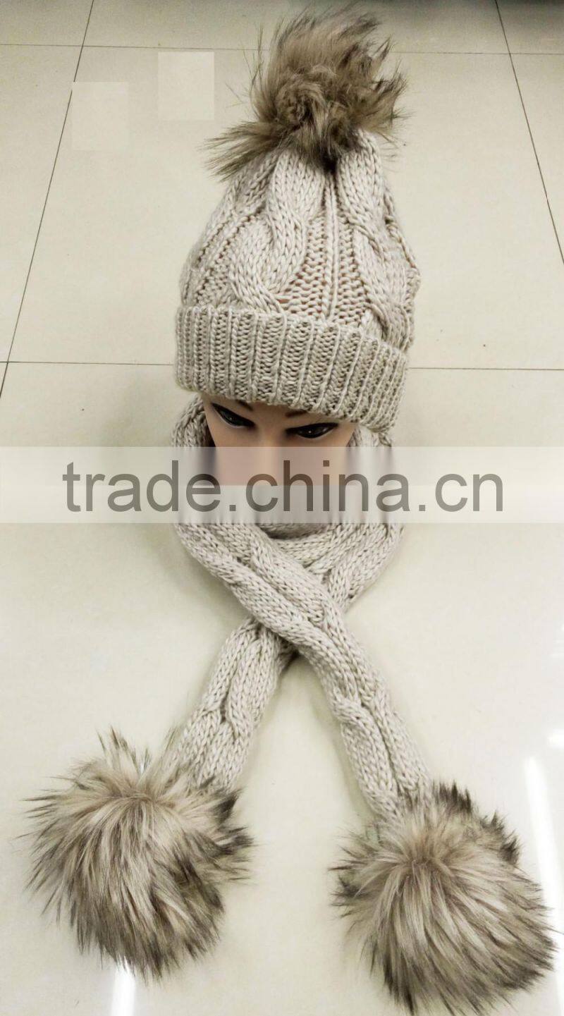 Fashion the newest lady100%acrylic knitted scarf cap with pompom