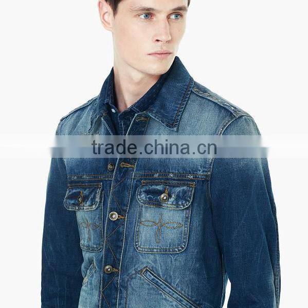 top fashion blue washed ripped denim jacket coat men on sale