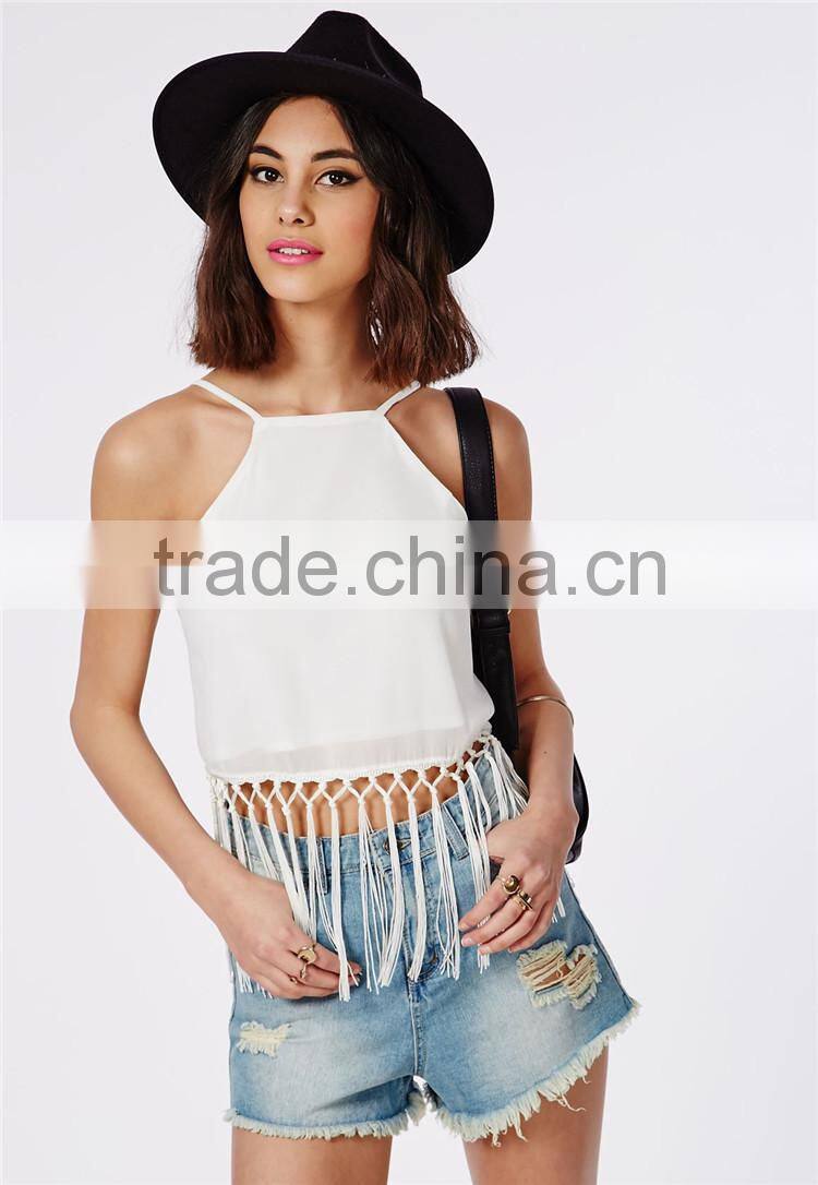 Fringed plain white spaghetti strap cami crop top plain wholesale cheap