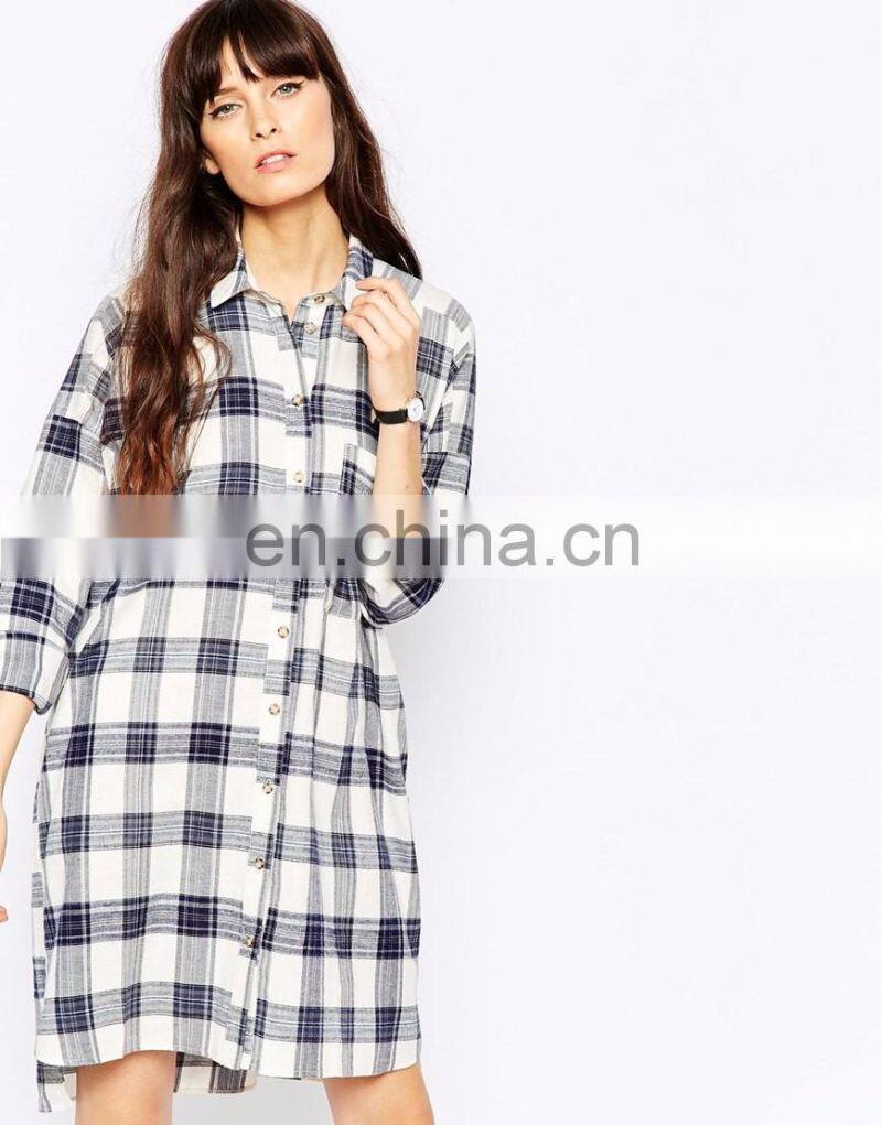 Long sleeves Oversize causal checked shirt dress in cotton