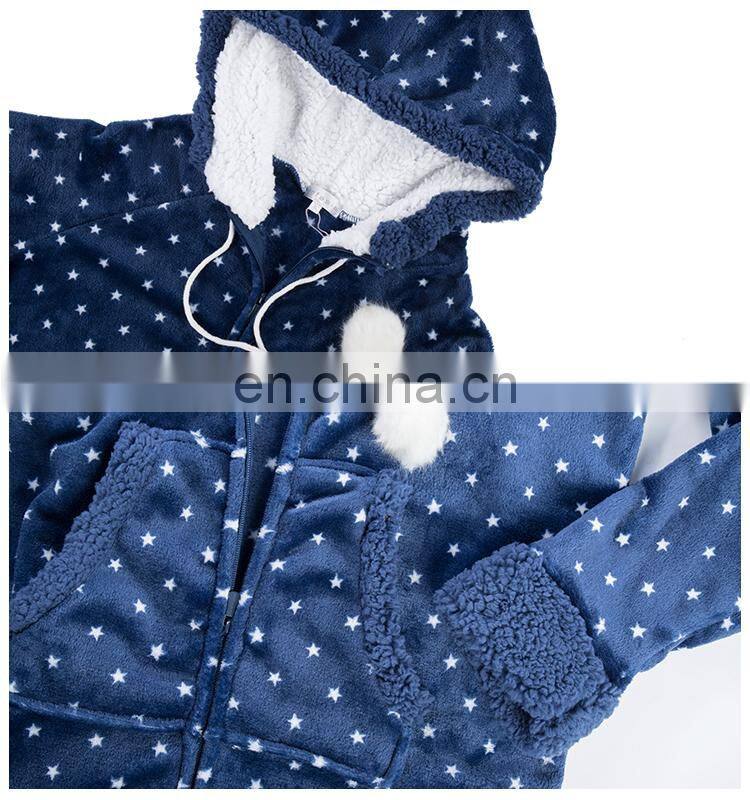 Fashion Design Sherpa Lining Dots Printed Flannel Hoodie Bathrobe With Zipper and Pompom