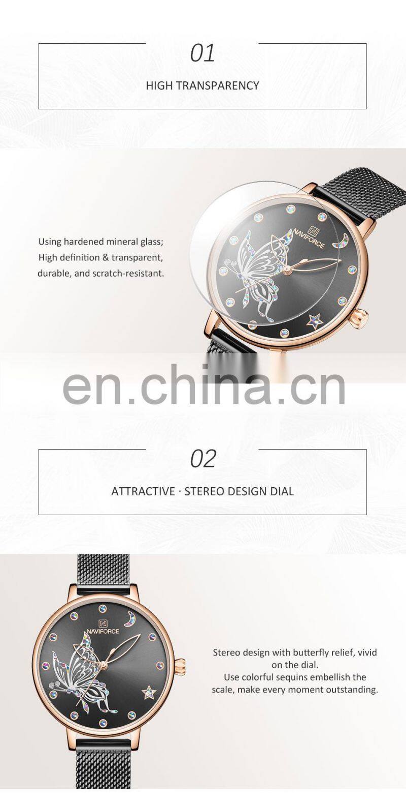 NAVIFORCE NF5011 Women's Diamond Butterfly Pattern Quartz Watches Stainless Steel Mesh Strap Luxury Watch