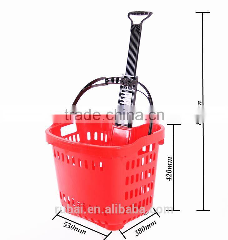Retail grocery plastic shopping baskets with wheels