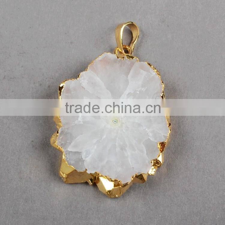 Fashion Druzy Pendant, 18K Gold Plated Opal White Flower Solar Quartz Charm Pendant