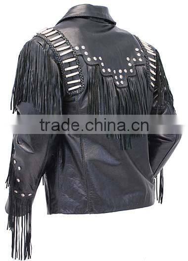 2015 New fashion Bones And Braids Fringed Leather Jacket for mens motorbike leather jacket