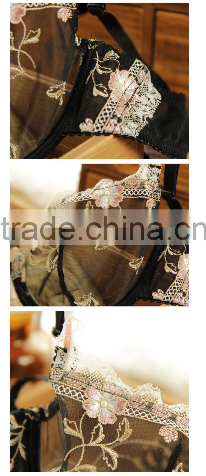 Black Flower Embroidery Transparent Sexy Bra