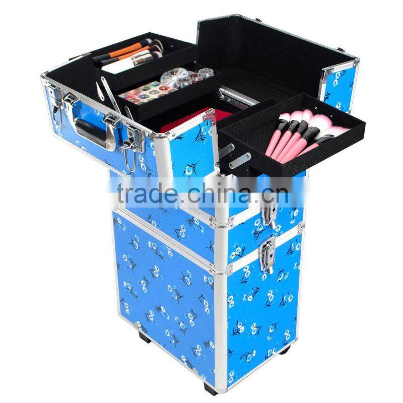 Aluminum 3-in-1 Blue Floral Makeup/Beauty/Hairdressing/Vanity Trolley/Box/Case