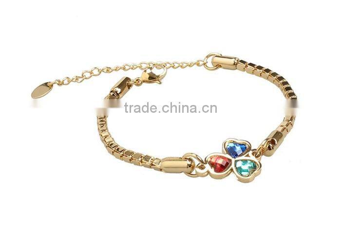 Fancy jewelry stainless steel gold chain zircon clover pendant bracelet for girls