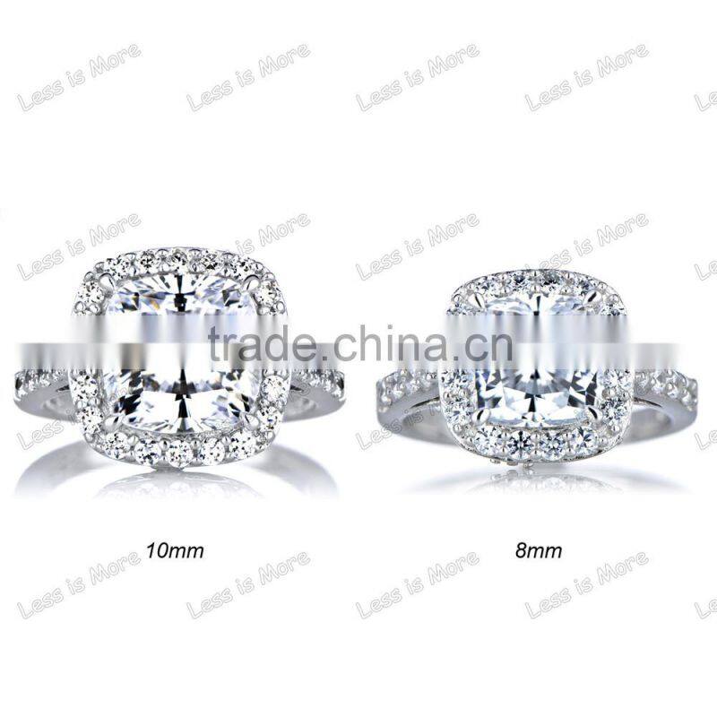 Silver CZ Halo Cushion Cut Engagement Ring with 8mm,10mm big cz or crystal stone