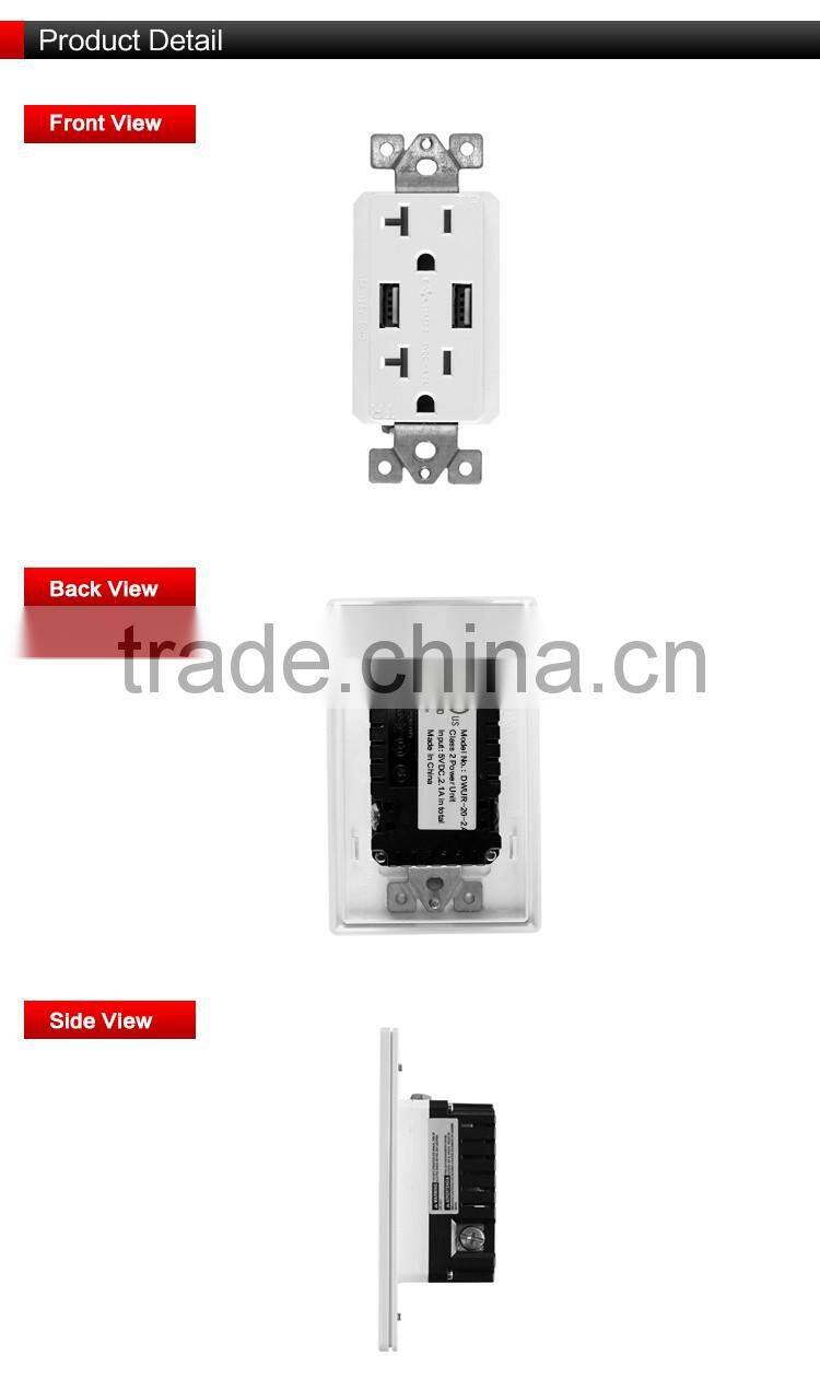 UL CUL listed 120V 20A 60HZ usb plug wall socket with USB charger