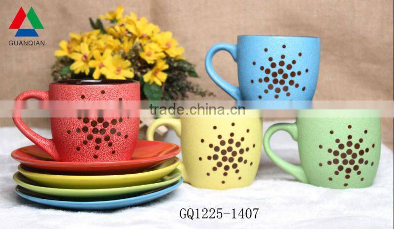 225ml black and whtite stoneware tea cup and saucer with decals