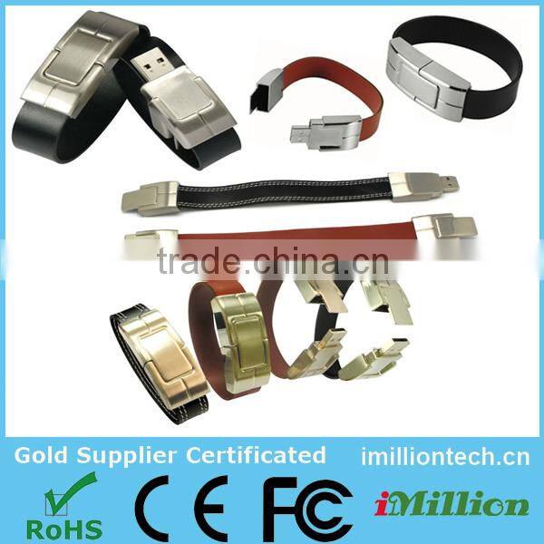 custom Stainless Steel leather cuff bracelet usb with engraved metal plate
