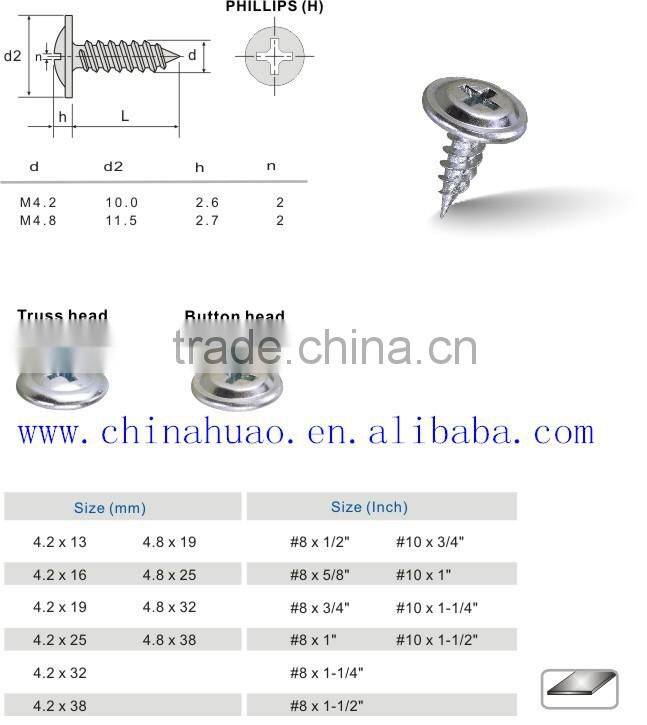 high quality slivery zinc truss head self tapping screw