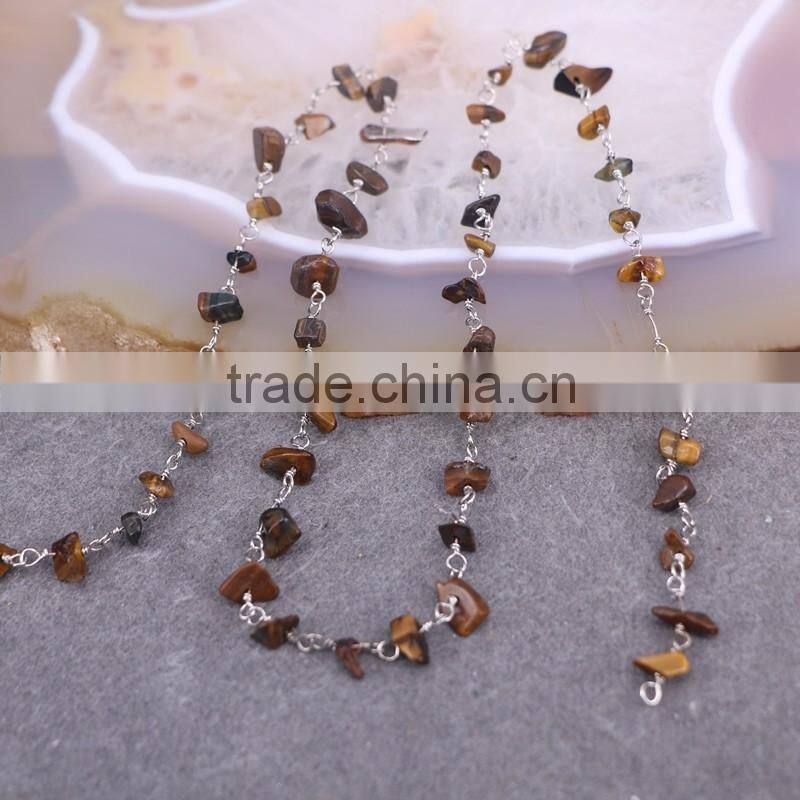 meters Tiger Eye Stone Beads Wire Wrapped Chip Beaded Chain, Silver Plated Wire Wrapped Rosary Chain