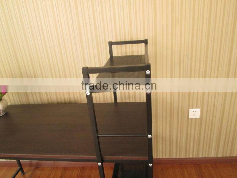 wood computer desk with 4-shelf metal bookcase