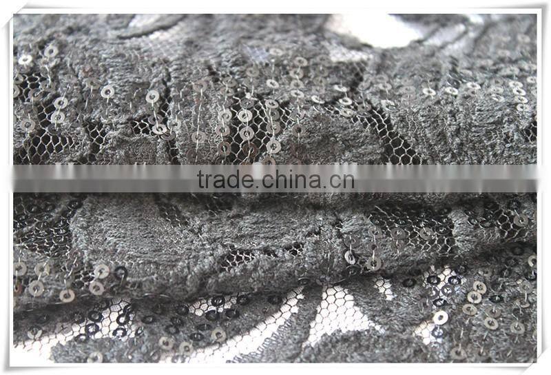 Latest design thin net embroidered sequin fabric, black flower embroidery sequin fabric textile for dress