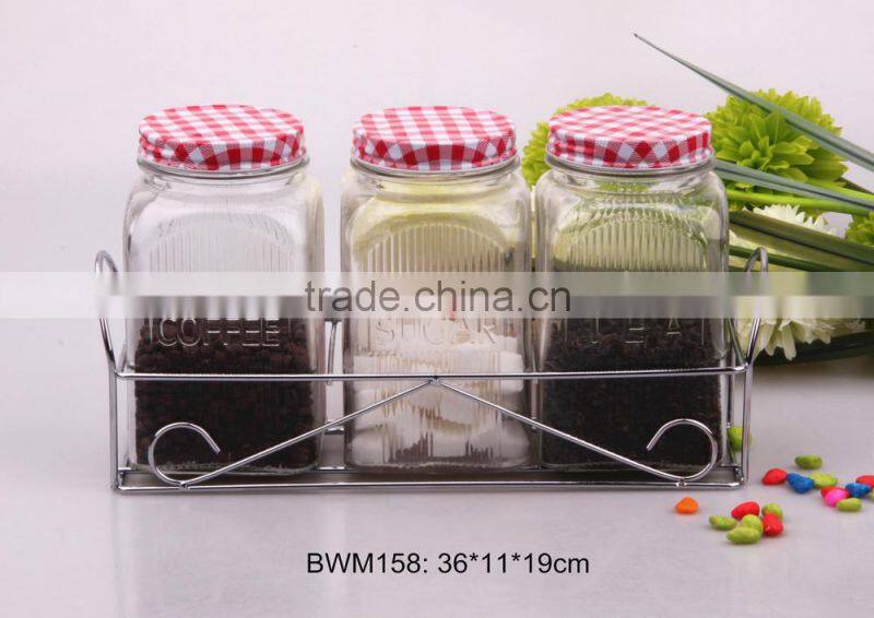 3pcs glass jar set in a silver rack