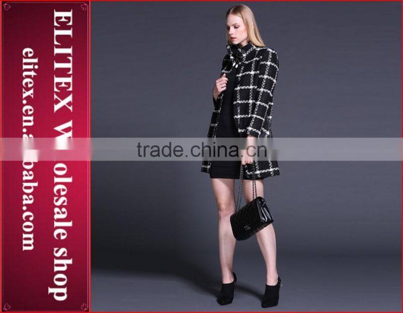 2015 Newest Black Plaid Straight Lady Overcoat Warm Winter Dress With Pocket