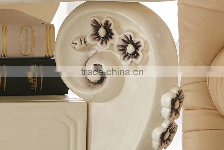 New classic consice flower carving ivory white side table with drawer