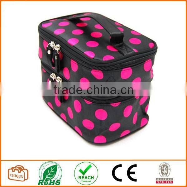 Double Layer Cosmetic Bag Black with Pink Dot Travel Toiletry Cosmetic Makeup Bag Organizer With Mirror