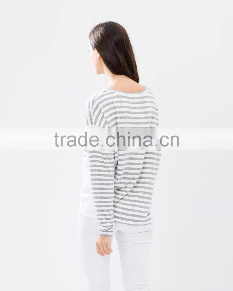wholesale blank drop shoulder sleeves striped jersey 100% viscose t-shirt for women
