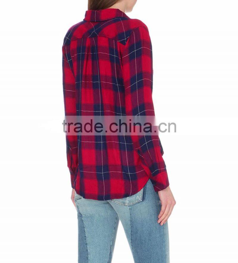 Wholesale Women Collar Long Sleeves Buttoned Cuffs Checked Pattern Curved Hem Shirt(DQE0177T)