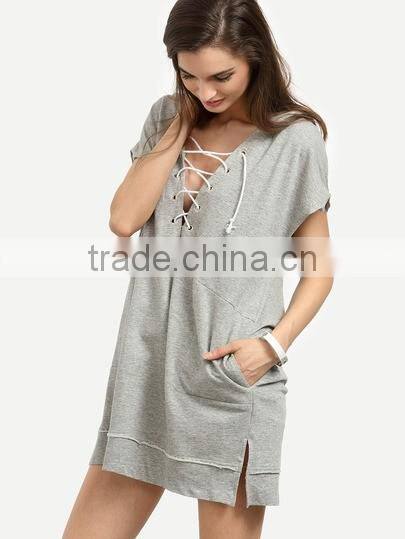 high quality fashion lady longline short sleeve hoody with string