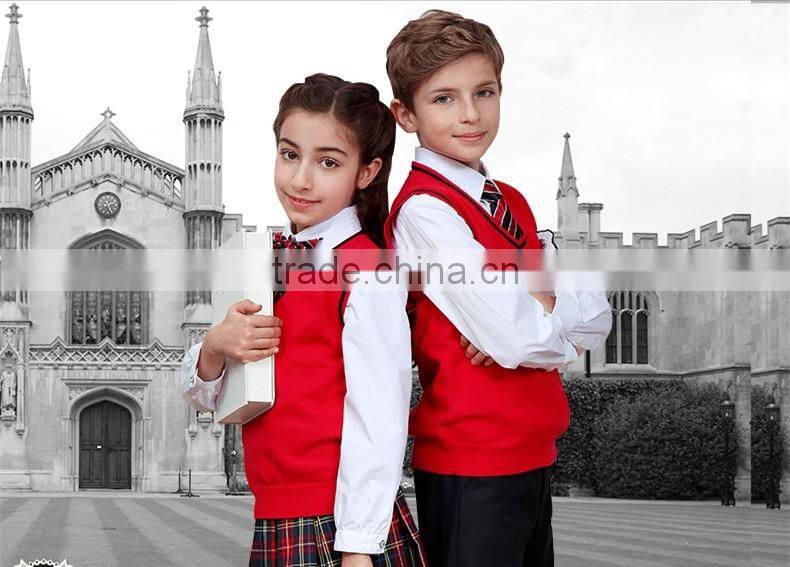 Red sleeveless unisex sweater vest school uniforms design with picture primary