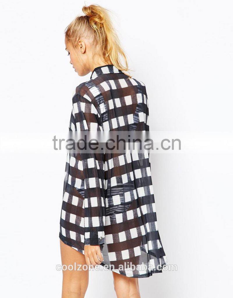 Oversized fit semi-sheer point collar beach wear/woman beach shirt