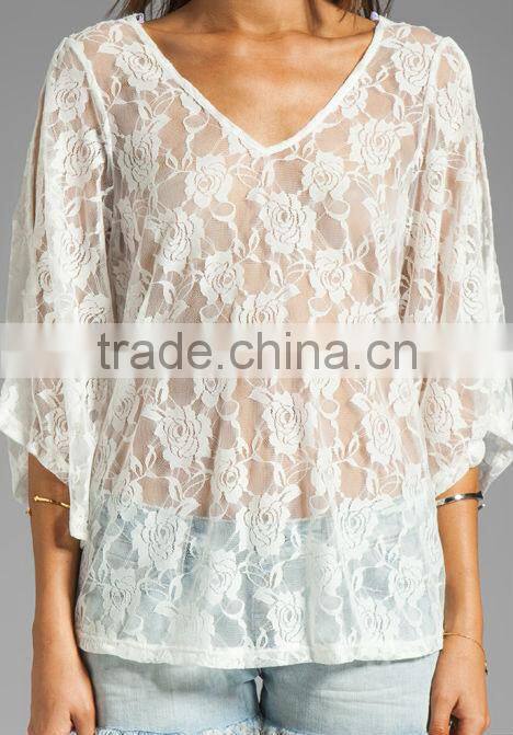 95% nylon 5% spandex sheer fabric lace top