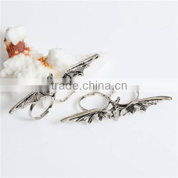 3D Adjustable Double Finger Ring Antique Silver Halloween Bat Animal Round 14.3mm
