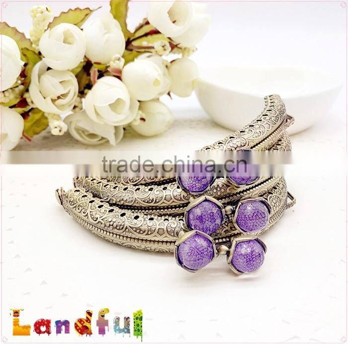 Vintage Purple Crystal Lotus Bead Sew In Frame Bronze Metal Clutch Purse Frame