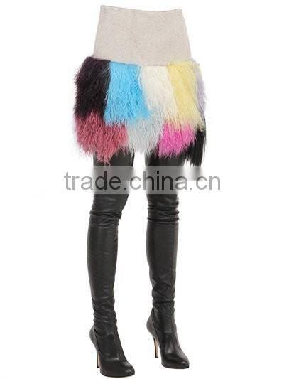 YR947 Fringed Patchwork Mongolia Wool Skirt Real Timbet Lamb Fur Skirt
