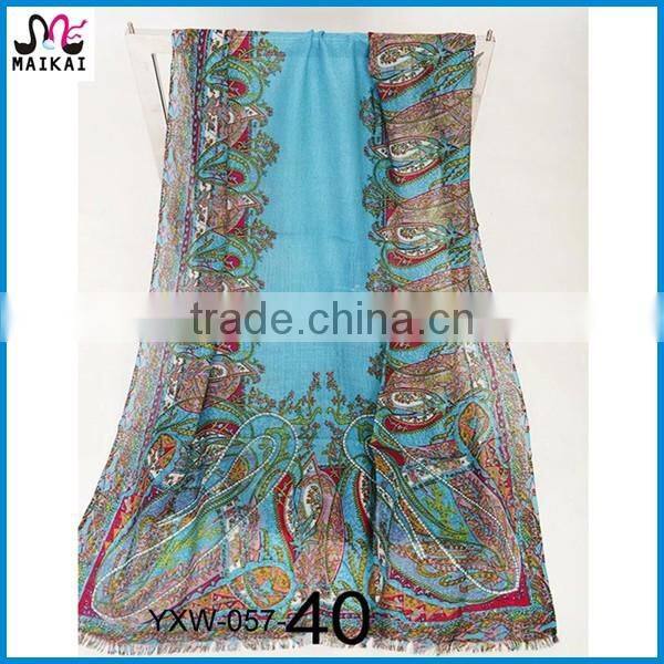 Soft blue floral printing natural 100% wool korea scarf