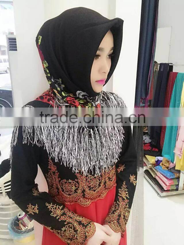 fashion islamic headscarf fringer print flower french cotton muslim square scarf for women