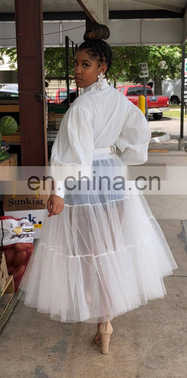 (Belt not included) Customized new women's fashion big size nightclub mesh translucent stitching long sleeve dress