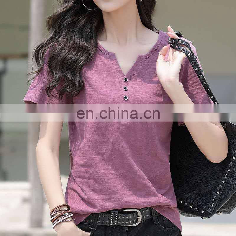 Manufacturer wholesale custom sports and leisure pure cotton short-sleeved women's plus size V-neck T-shirt