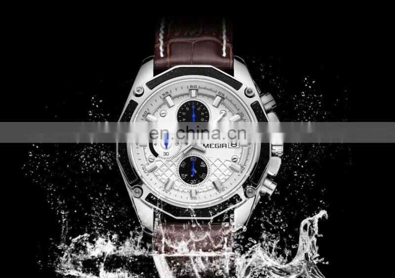 MEGIR 2015 Men Leather Strap Analog Chronograph Calendar Wrist Watch Military Sport Men Wristwatch