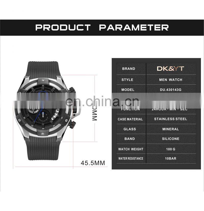 2019 DK&YT Brand Stainless Steel Back Wrist Watch Quartz Sport Silicon Man Watch