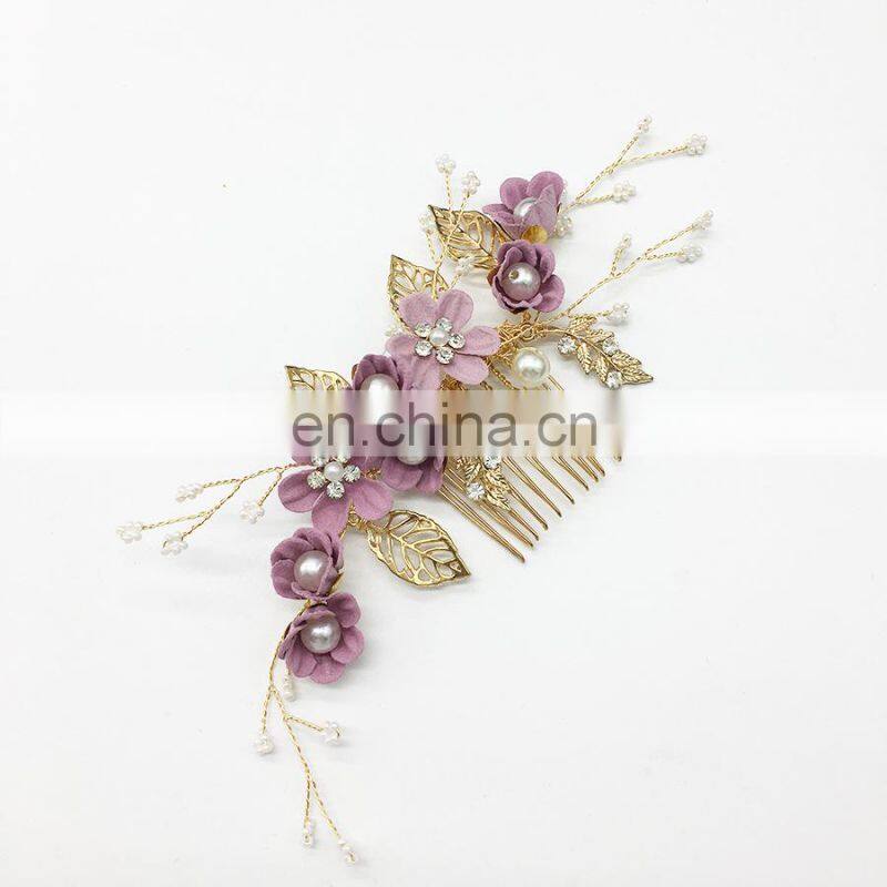 Luxury Blue Flower Hair Combs Headdress Prom Bridal Wedding Hair Accessories Gold Leaves Hair Jewelry
