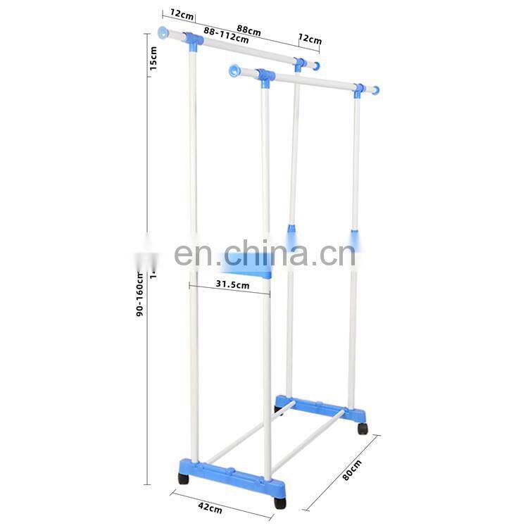 Telescopic sliding non punching clothes hanger iron double pole clothes hanger with wheels