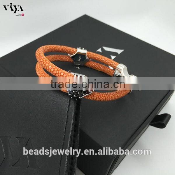 2016 Fashion Silver Plated Black Colors Genuine Leather Bracelet Custom Men Yellow Python Leather