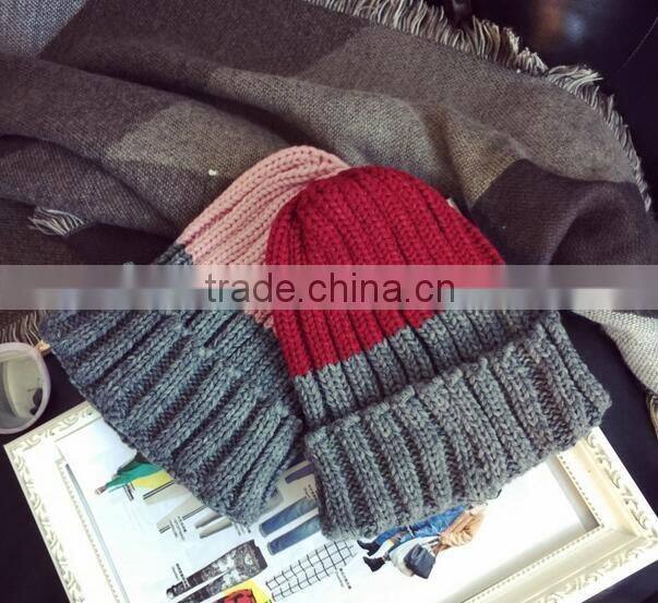 Hot Selling Peaked Top Two Tone Colors Rolled Brim Crochet Knitting Hat and Cap