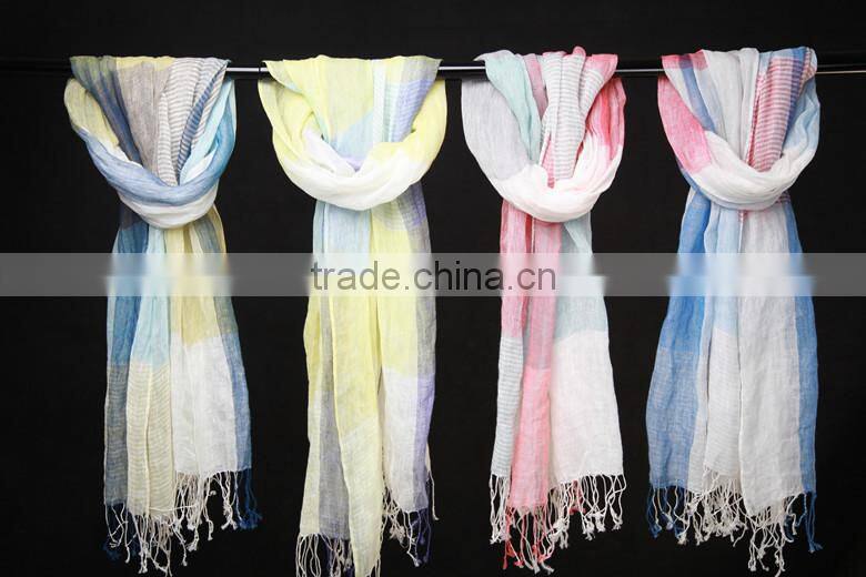 Winter Autumn Fashion Checked Plaid Striped Woven Cotton Linen Woman Scarf With Tassel