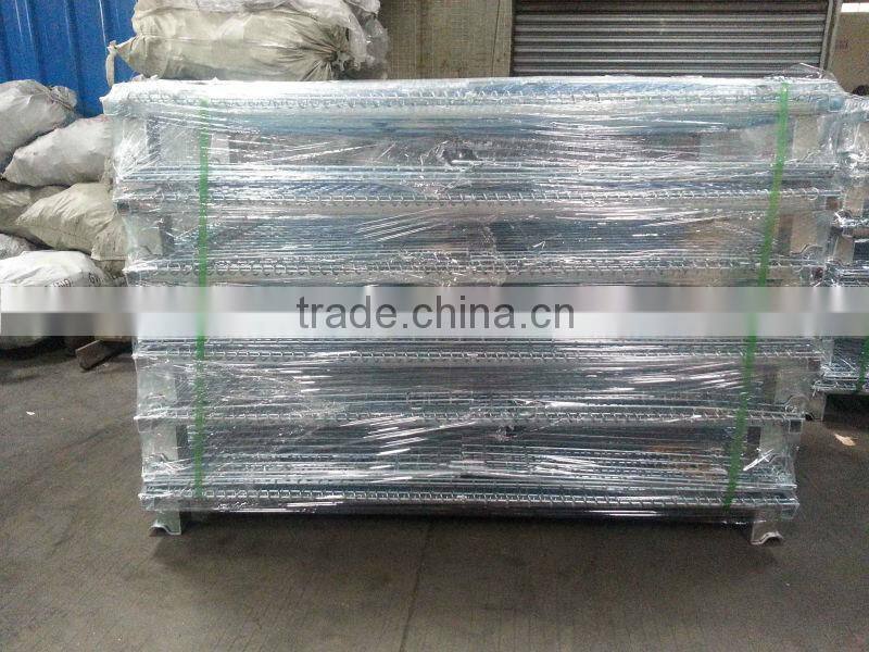 Folding industrial galvanized folding mesh box wire storage cage with wheels