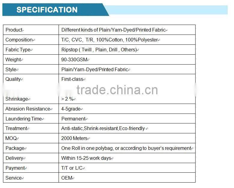 Plain woven fabric Polyester/Cotton fabric for T-shirt